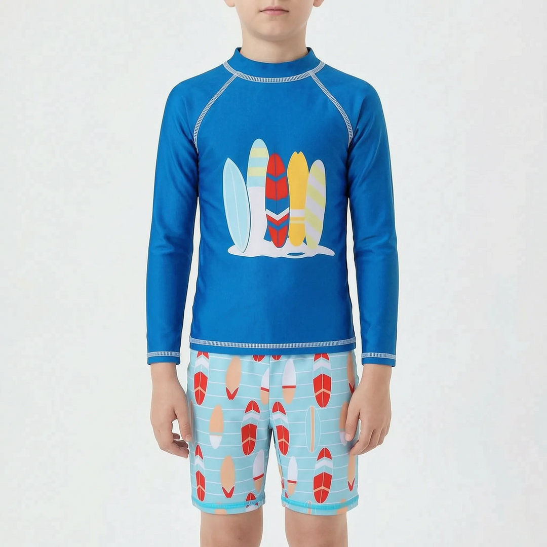 Summer boys' beachwear set: rash guard & swim shorts. Ideal for swimming, playing, and sun protection at the pool.