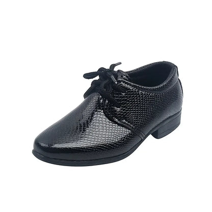 Dapper boys' black dress shoes, perfect for any formal or semi-formal event.
