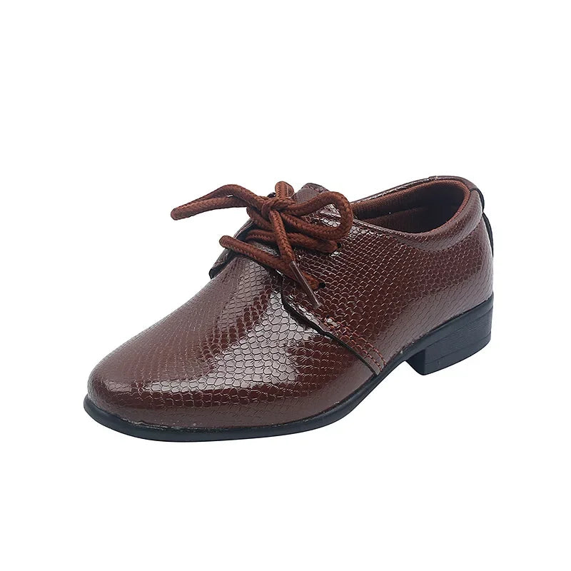 Elegant boys' formal black shoes, designed for weddings, parties, and school.