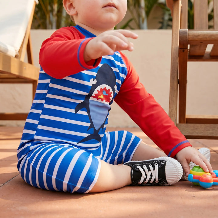 Boys' cartoon print swimwear set with UPF 50+ sun hat. Perfect for toddler beach & pool days.