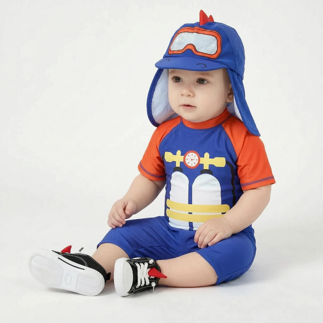 Little boys' cartoon print UPF 50+ swim set and sun hat, ideal for poolside fun & beach.