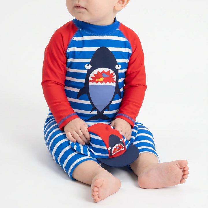 Toddler boys' UPF 50+ swim set with fun cartoon print and sun protection hat for summer.