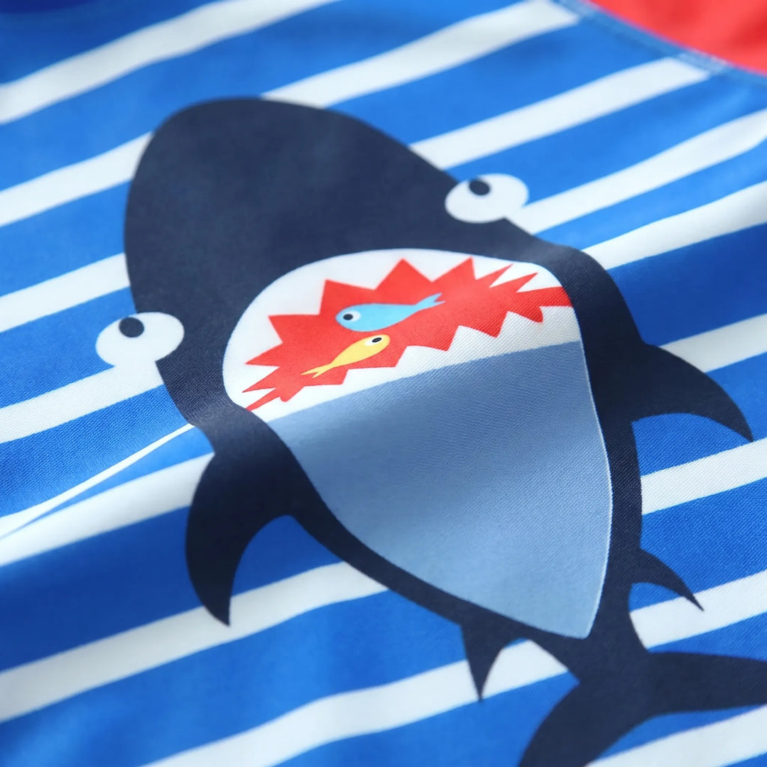 Kids' quick-dry cartoon print swim shirt & shorts set. Includes a UPF 50+ sun hat for poolside.