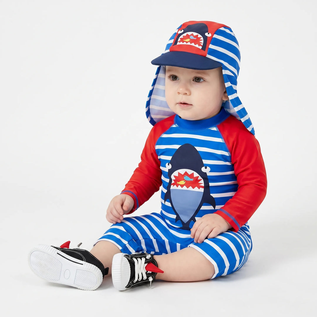 Childrens' cartoon print swimwear with UPF 50+ sun hat, ideal for boys' summer beachwear.