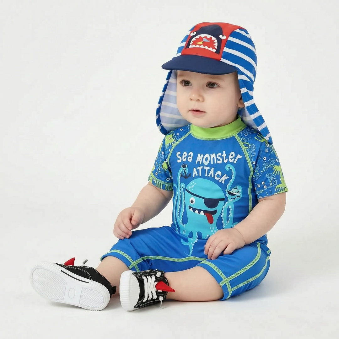 Boys' swim set featuring a vibrant cartoon print and UPF 50+ sun protection hat for toddlers.