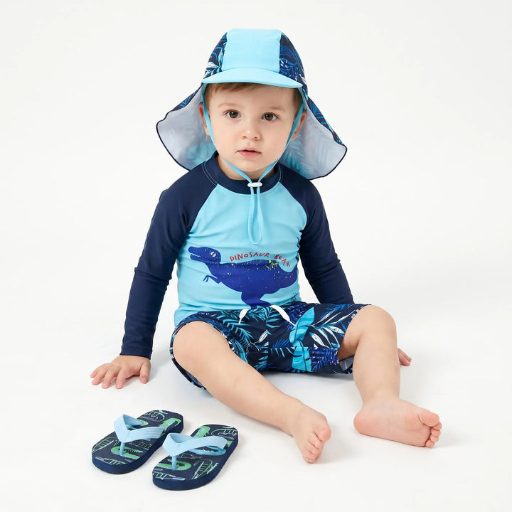 UPF 50+ boys' swimwear set, quick-dry cartoon print shirt & shorts with matching sun hat.