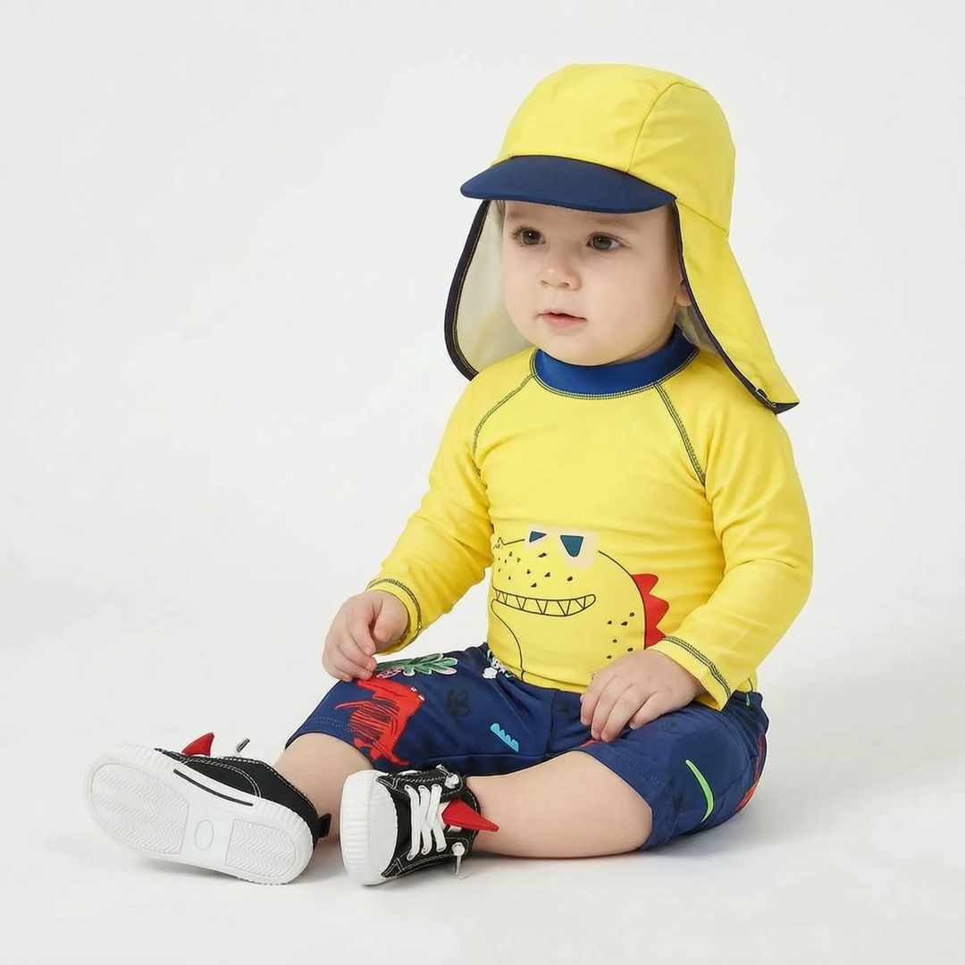 Toddler boys' summer swim outfit: cartoon print top & shorts, plus UPF 50+ sun hat for protection.