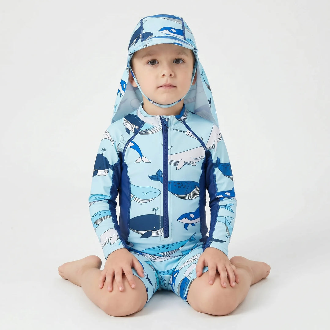 Cartoon print boys' beachwear set with UPF 50+ sun hat. Quick-dry fabric for active kids.