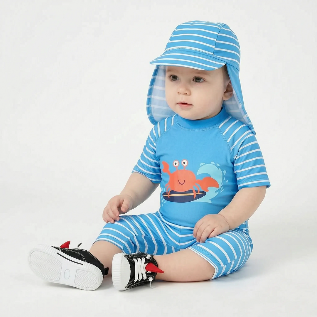 Durable boys' cartoon swim set with UPF 50+ hat. Perfect toddler swimwear for sun protection.
