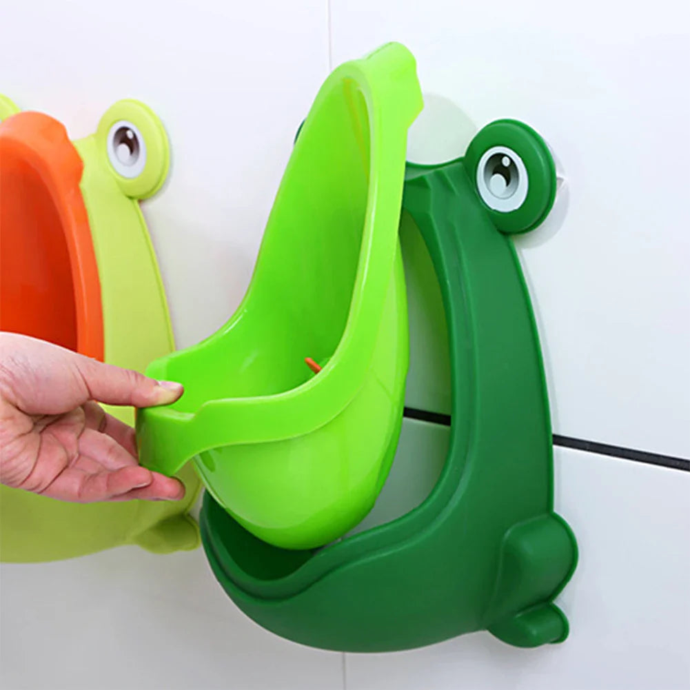 Wall-mounted frog urinal for boys. Hygienic, easy-clean removable bowl for stress-free potty training.