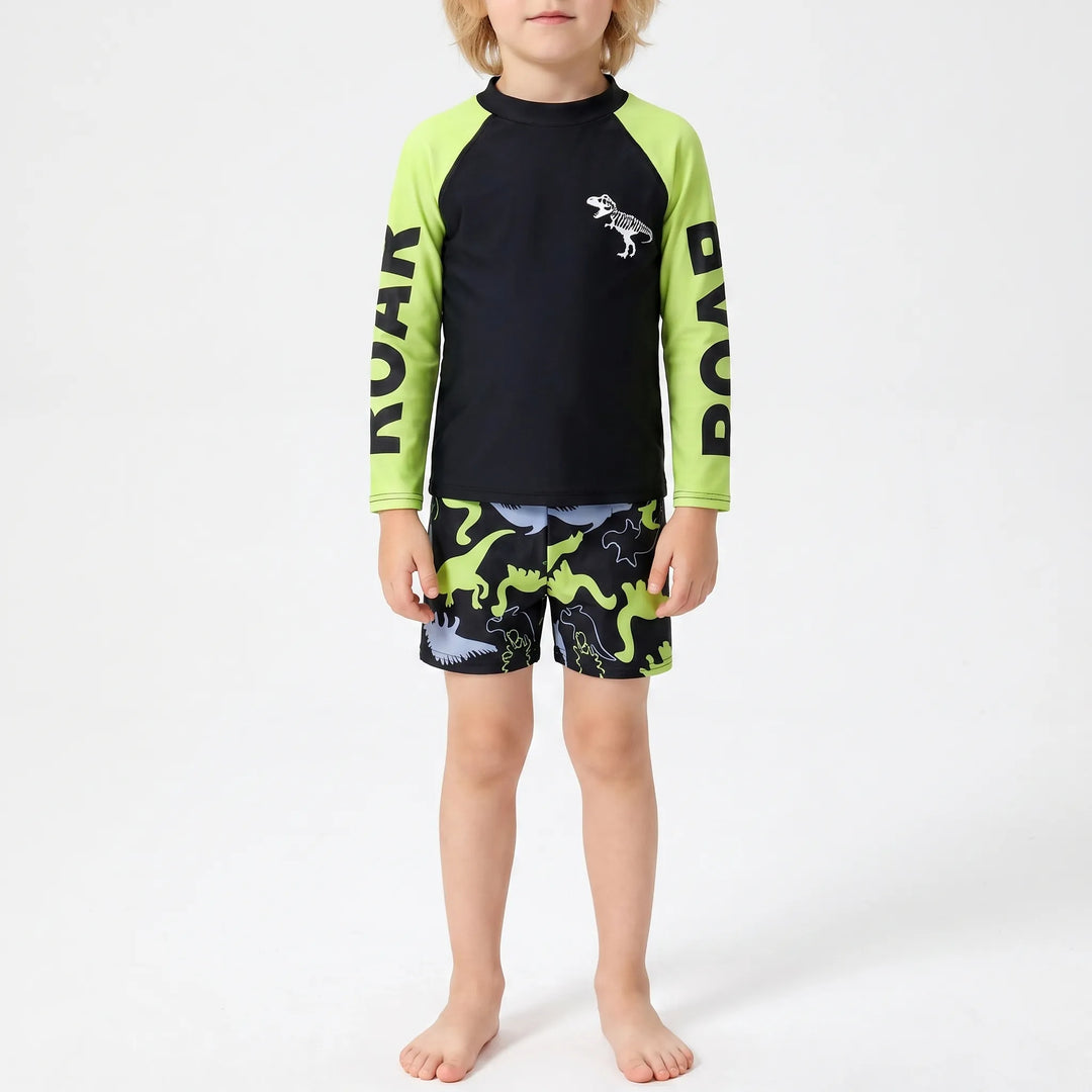 Dinosaur long-sleeve rash guard & swim shorts set for boys, ideal for active play and sun-safe pool time.