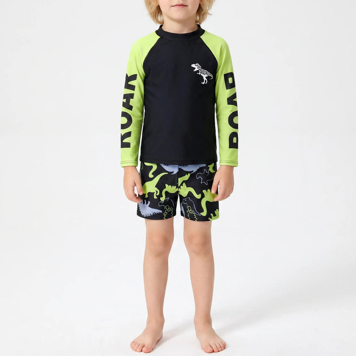 Dinosaur long-sleeve rash guard & swim shorts set for boys, ideal for active play and sun-safe pool time.