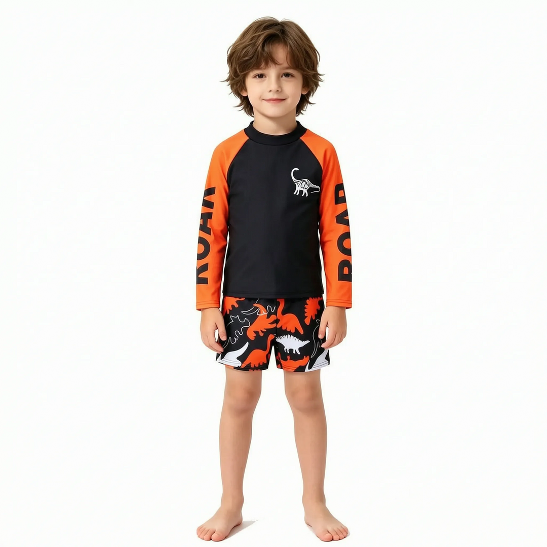 Protective long-sleeve dinosaur swimsuit set for boys, a vibrant two-piece rash guard for beach & pool fun.