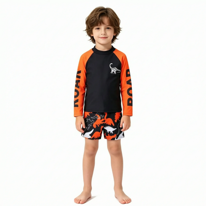Protective long-sleeve dinosaur swimsuit set for boys, a vibrant two-piece rash guard for beach & pool fun.