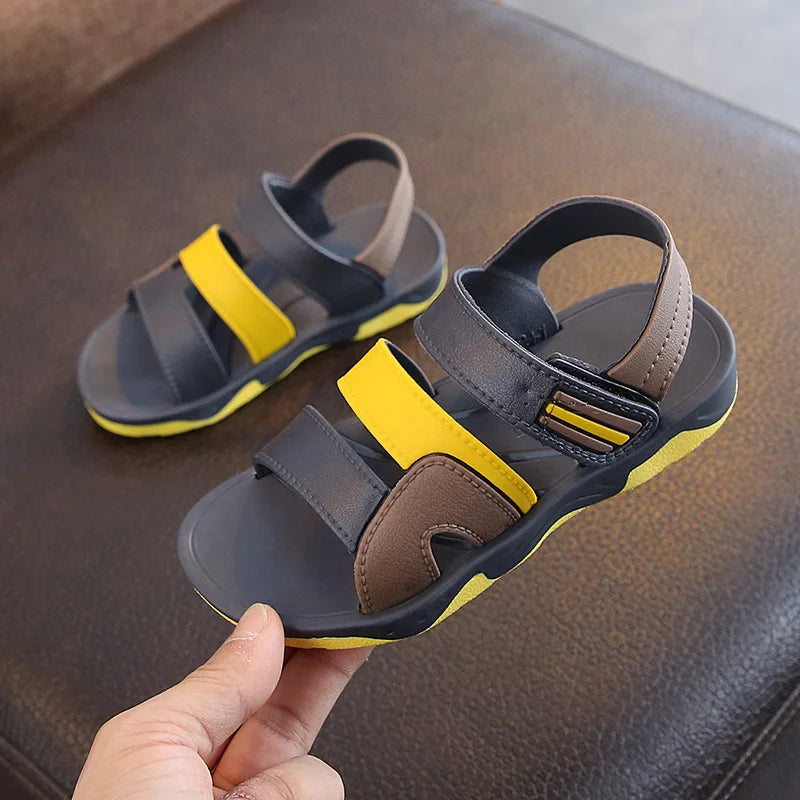Boys' non-slip navy casual sandals, durable PU leather, hook & loop closure, for summer play