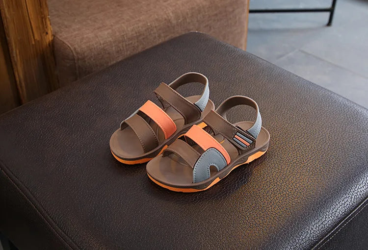 Boys' PU leather non-slip sandals, dark blue, adjustable hook & loop for a secure fit, summer