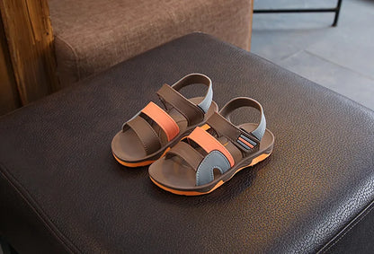 Boys' PU leather non-slip sandals, dark blue, adjustable hook & loop for a secure fit, summer