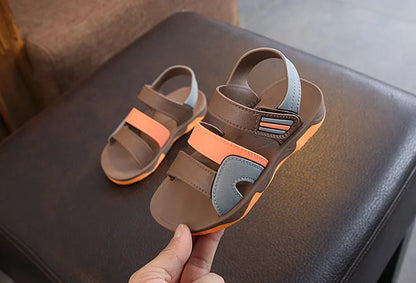 Youth boys' non-slip casual sandals, lightweight black design, durable PU leather, summer comfort