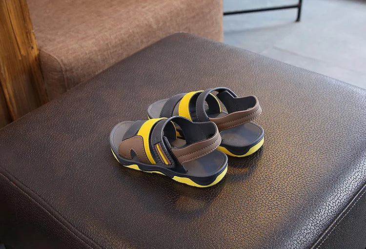 Kids' non-slip sport sandals, black PU leather, easy hook & loop, great for summer adventures