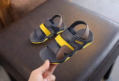 Boys' casual non-slip sandals, navy and orange, comfortable fit, adjustable hook & loop straps