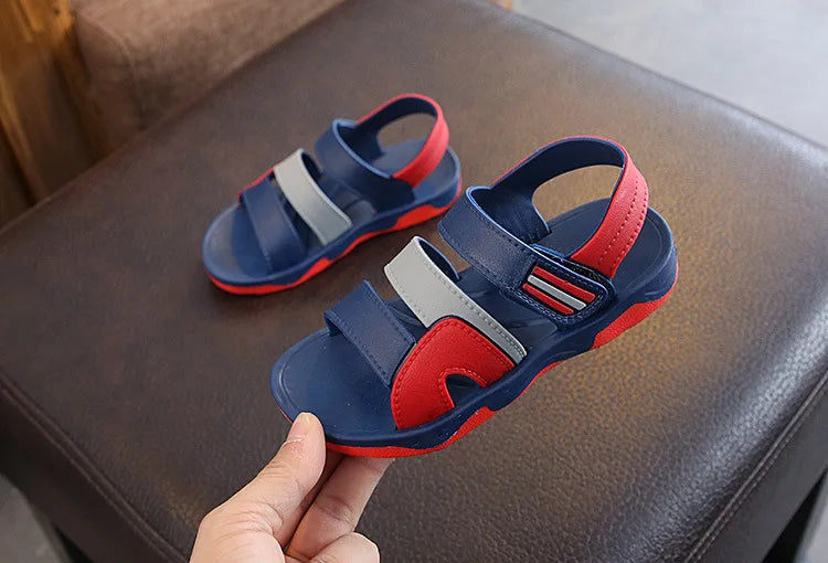 Boys' youth non-slip sandals, tan PU leather, stylish design, hook & loop for summer comfort