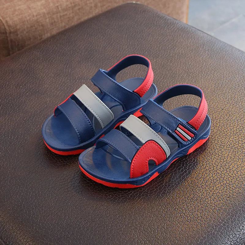 Kids' footwear, grey non-slip sandals, PU leather upper, hook loop straps, ideal for active boys
