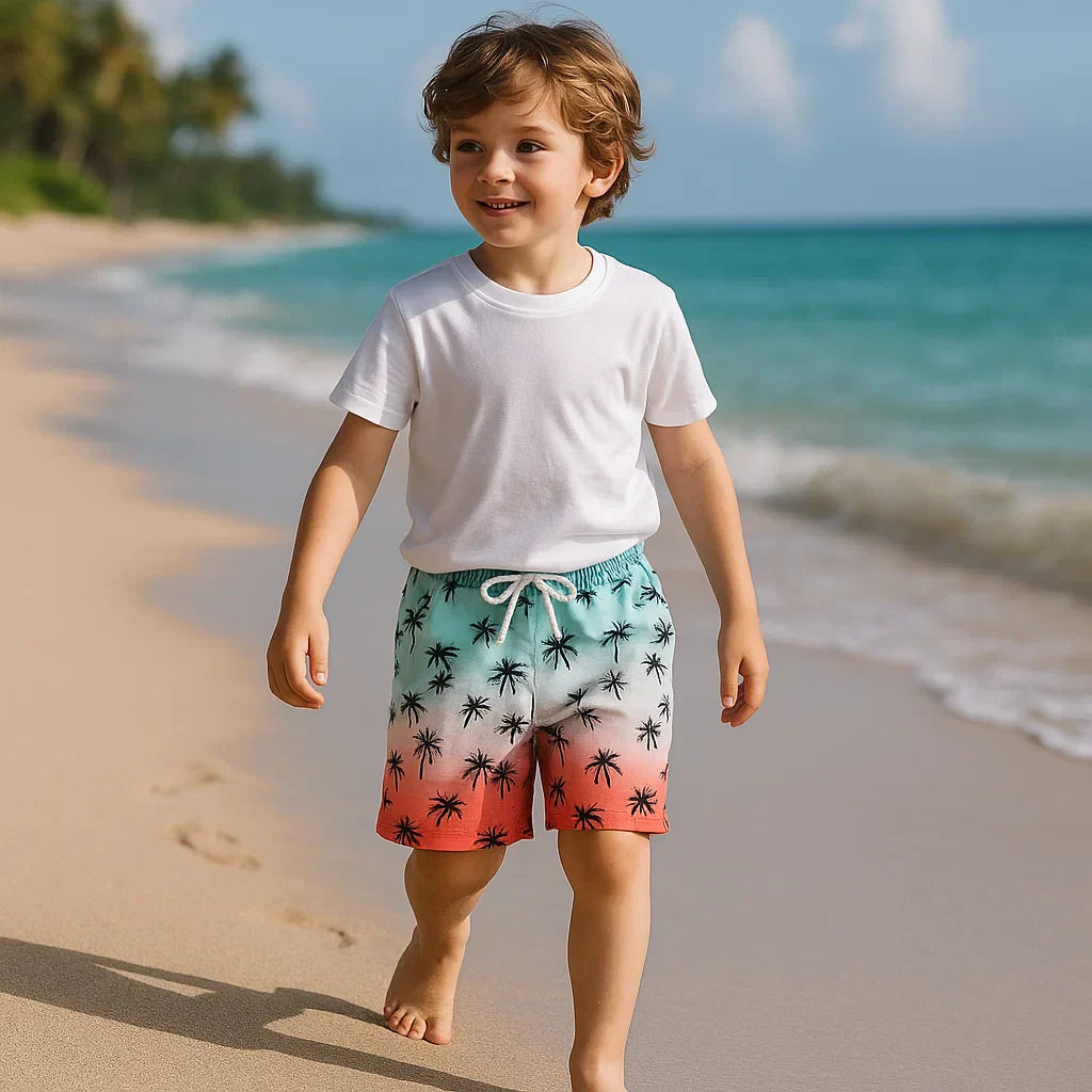 Boys' quick-dry blue swim trunks with soft inner lining, ideal for beach and pool.
