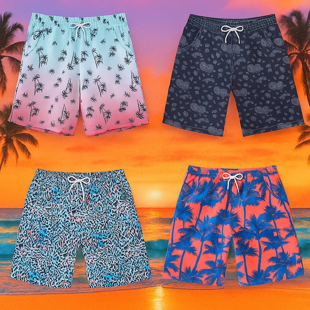 Close-up of vibrant boys' quick-dry swim trunks, showcasing the soft inner lining detail.