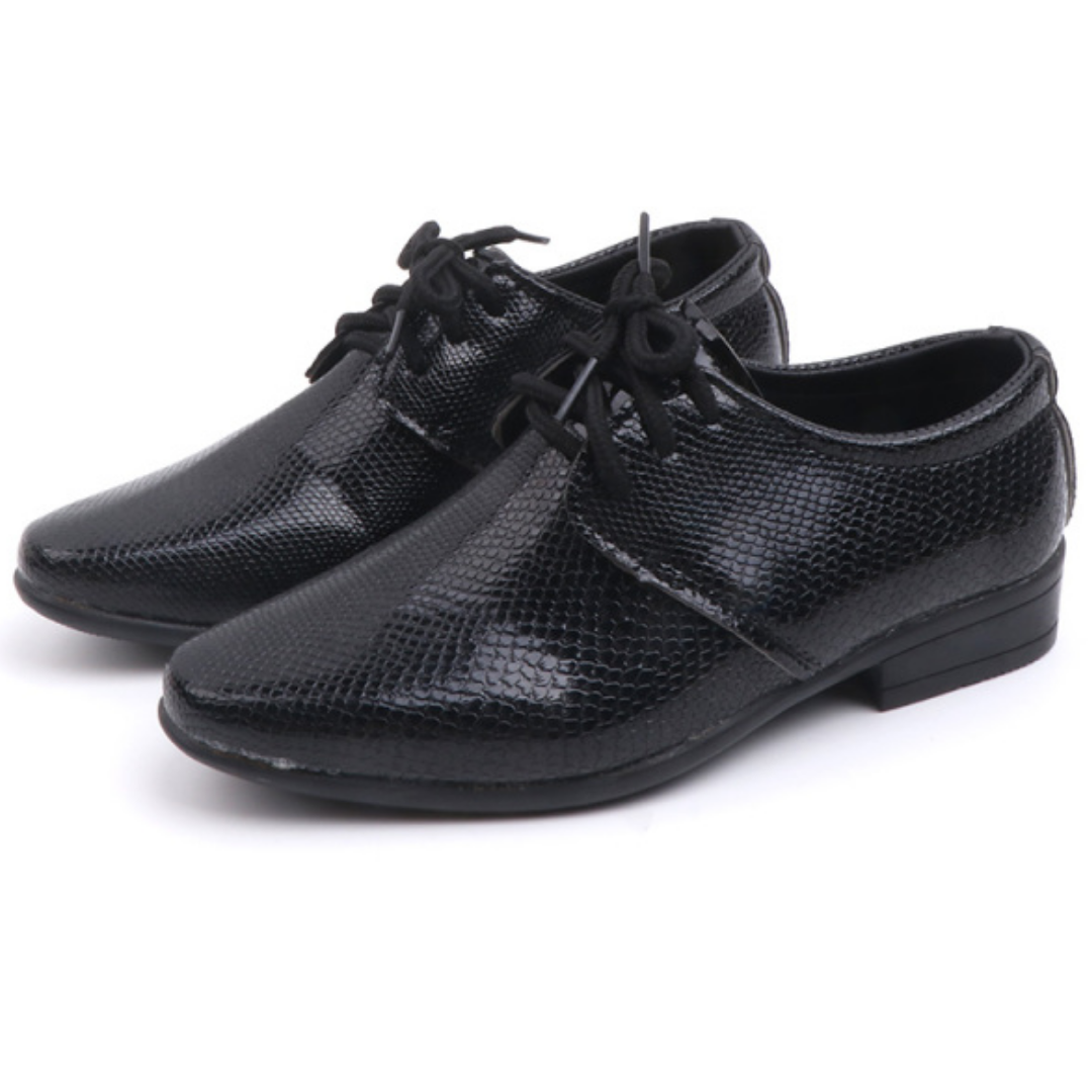Kids' black leather dress shoes for boys, crocodile embossed, durable & comfortable.