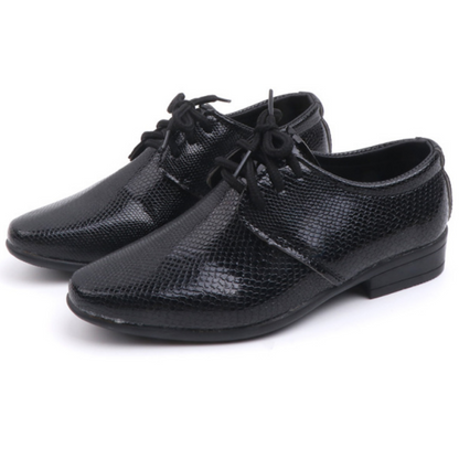 Kids' black leather dress shoes for boys, crocodile embossed, durable & comfortable.