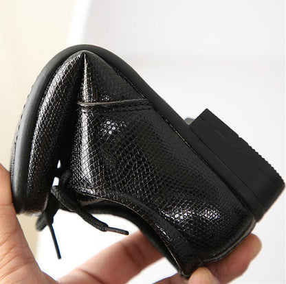 Boys' slip-on school shoes, crocodile print pattern, smart and durable leather footwear.