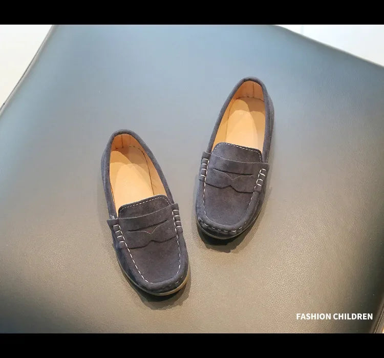 Brown suede slip-on shoes for kids, comfortable and non-slip design