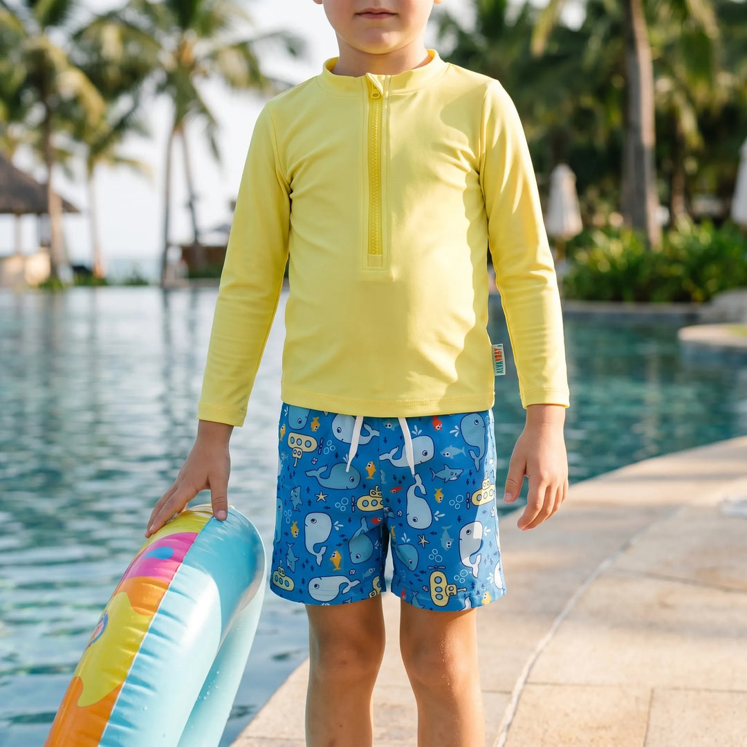 Boys' sun-protective rash guard and swim trunks set, perfect for toddler beachwear & pool days.