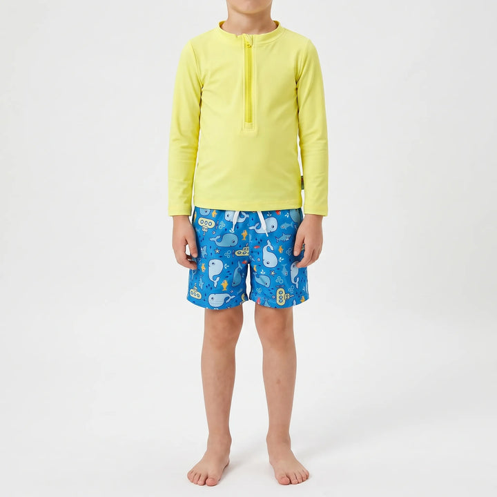 Toddler boys' marine print rash guard & swim trunks set, ideal for kids' sun protection at the beach.