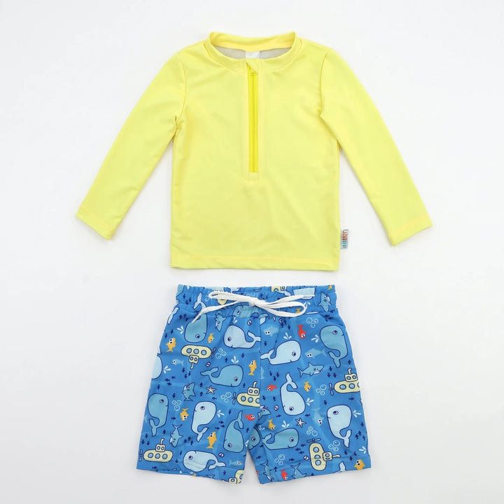 Sun-protective rash guard & swim trunks for boys, ensuring comfort and safety during pool & beach play.