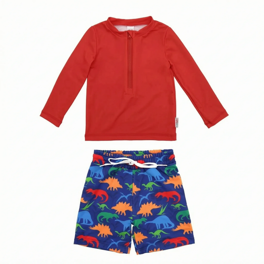 Stylish boys' toddler swim set with rash guard and trunks, marine theme, essential kids' sun protection.