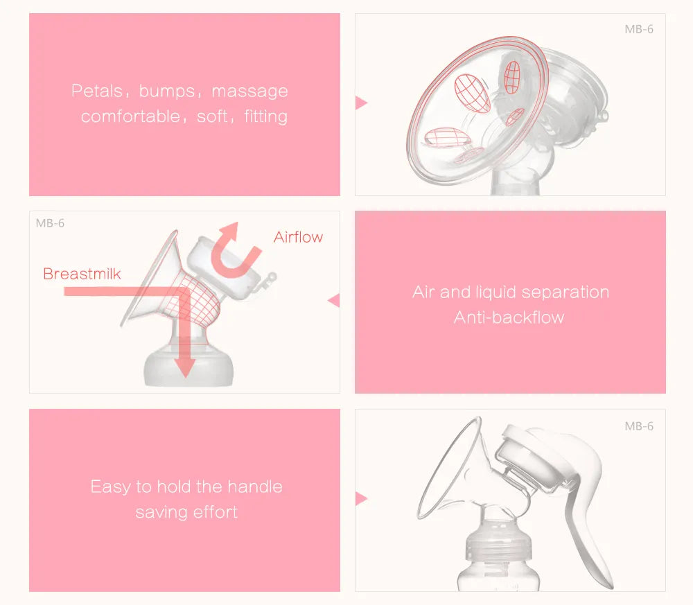 Gentle manual breast pump, BPA-free silicone for comfortable and natural milk expression