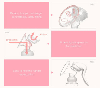 Gentle manual breast pump, BPA-free silicone for comfortable and natural milk expression