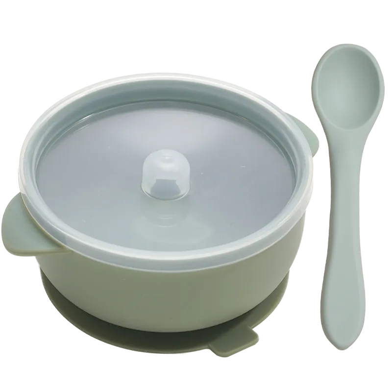 Child-friendly BPA-free silicone baby bowl with high sides for easy scooping, part of a weaning set