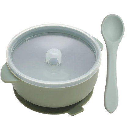 Child-friendly BPA-free silicone baby bowl with high sides for easy scooping, part of a weaning set