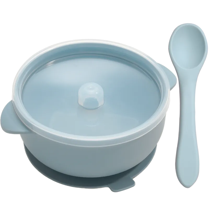 Gift-ready BPA-free silicone baby feeding set with bowl, lid, and spoon, perfect present for new parents