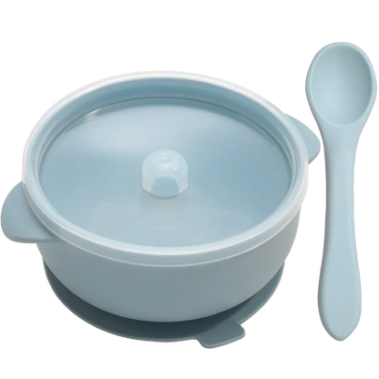 Gift-ready BPA-free silicone baby feeding set with bowl, lid, and spoon, perfect present for new parents