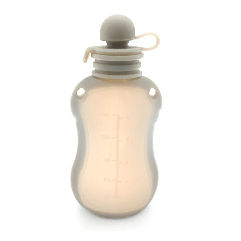 Empty reusable silicone baby food pouch, ready for filling with milk or snacks