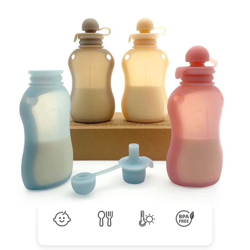 Reusable silicone baby food pouch with secure seal for leak-proof milk storage
