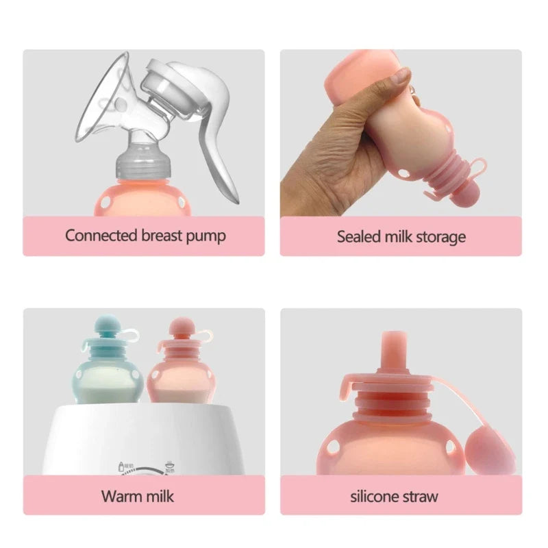 Close-up of a leak-proof silicone baby food storage bag, BPA free design