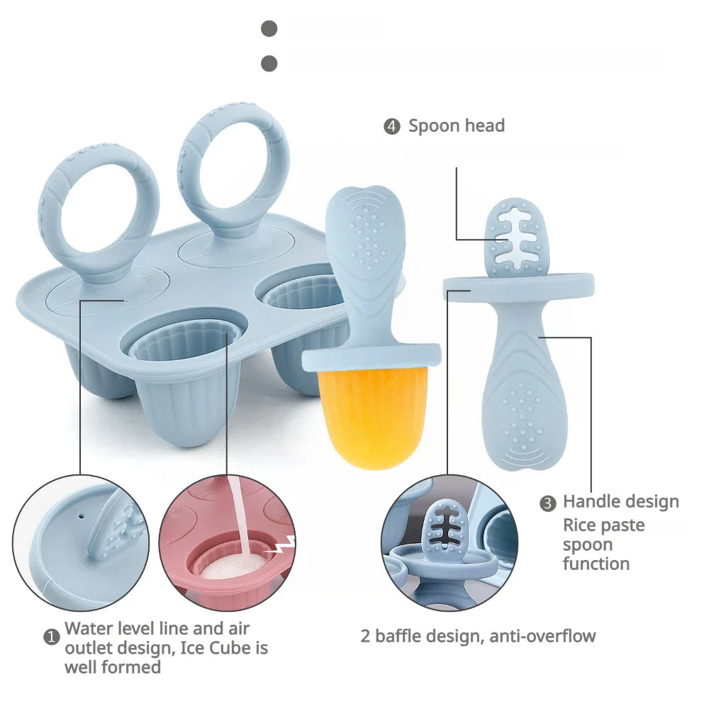 Complete baby feeding accessory set: silicone teether and freezer tray