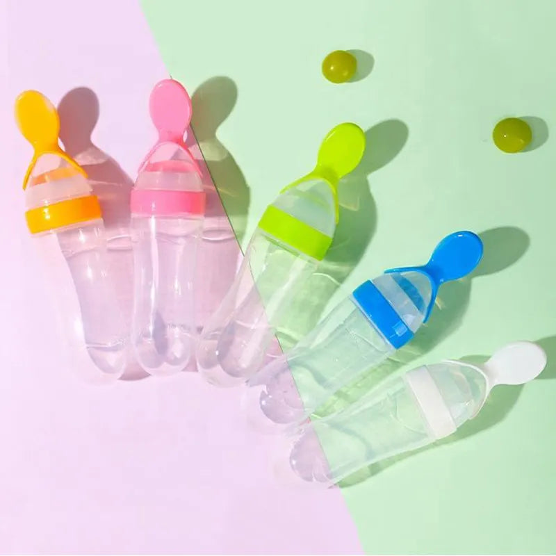 Practical infant feeding tool: a silicone training spoon with a squeeze bottle for pureed meals