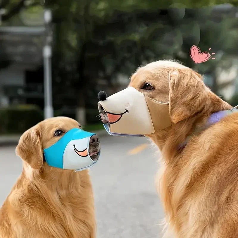 Breathable & comfortable dog muzzle with a fun cartoon design, ensuring pet safety during walks & training.