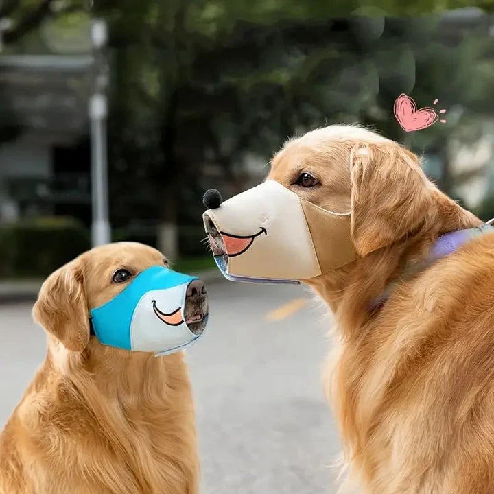 Breathable & comfortable dog muzzle with a fun cartoon design, ensuring pet safety during walks & training.
