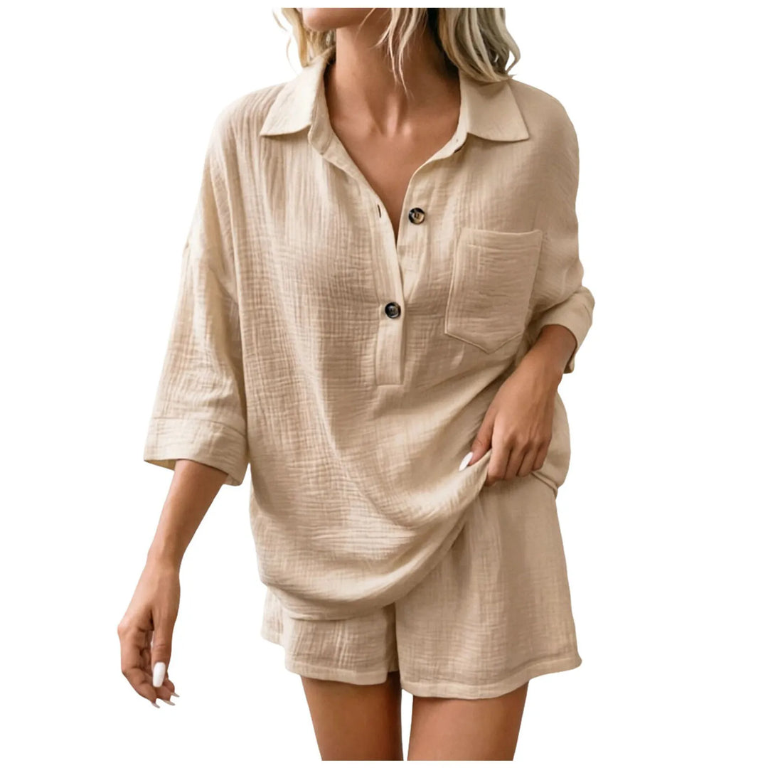 Breezy relaxed-fit women's beach short set with collared top & drawstring shorts, perfect for summer vacation.